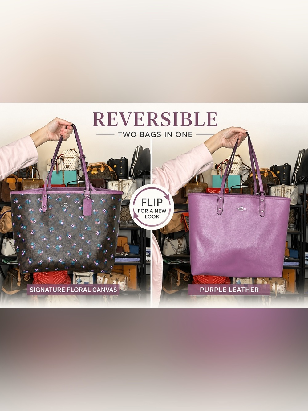 Coach Reversible City Tote Floral Signature Canvas Purple Leather F59460